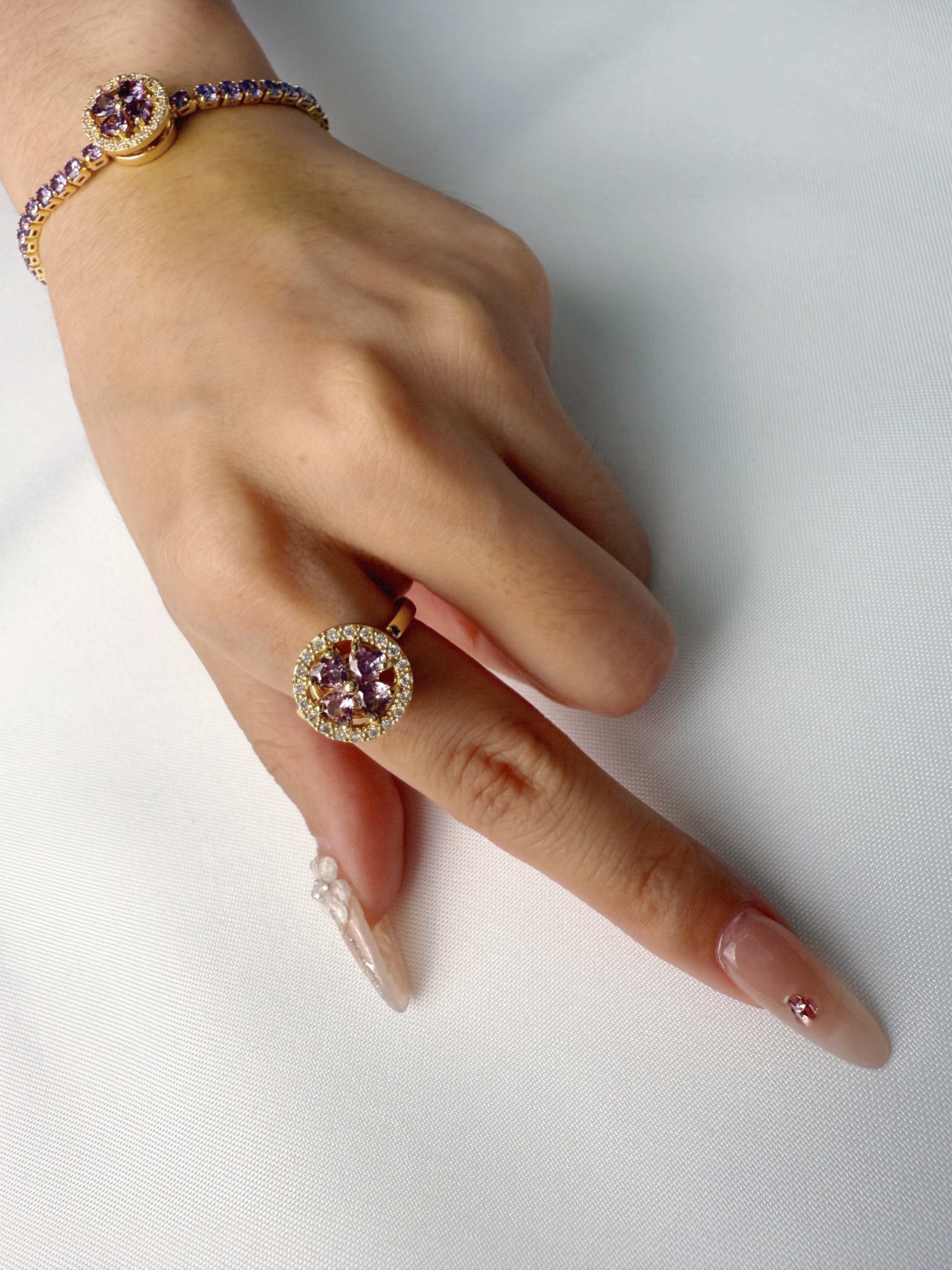 New 2025 Lucky Clover Calm Set – Purple Crystal Spinner Necklace, Ring & Bracelet｜Rotating Fidget Jewelry for Anxiety Relief｜Unisex Energy Gift Set