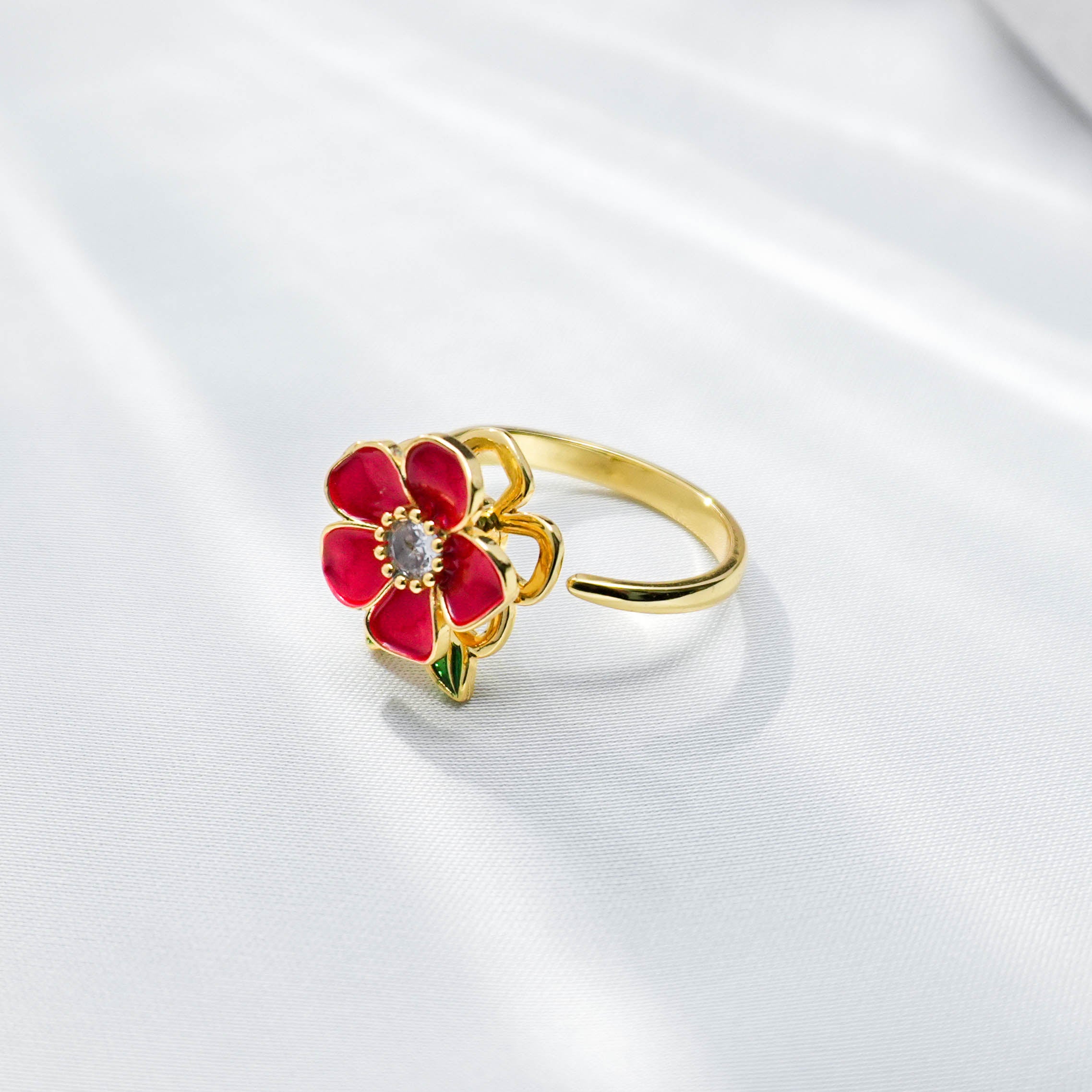 New 2025 Elegant Camellia Anxiety Relief Spinner Ring – Turnable CZ Diamond Flower Ring for Women｜Adjustable Open Wrap Band｜Dainty Fidget Jewelry for Stress Reduction