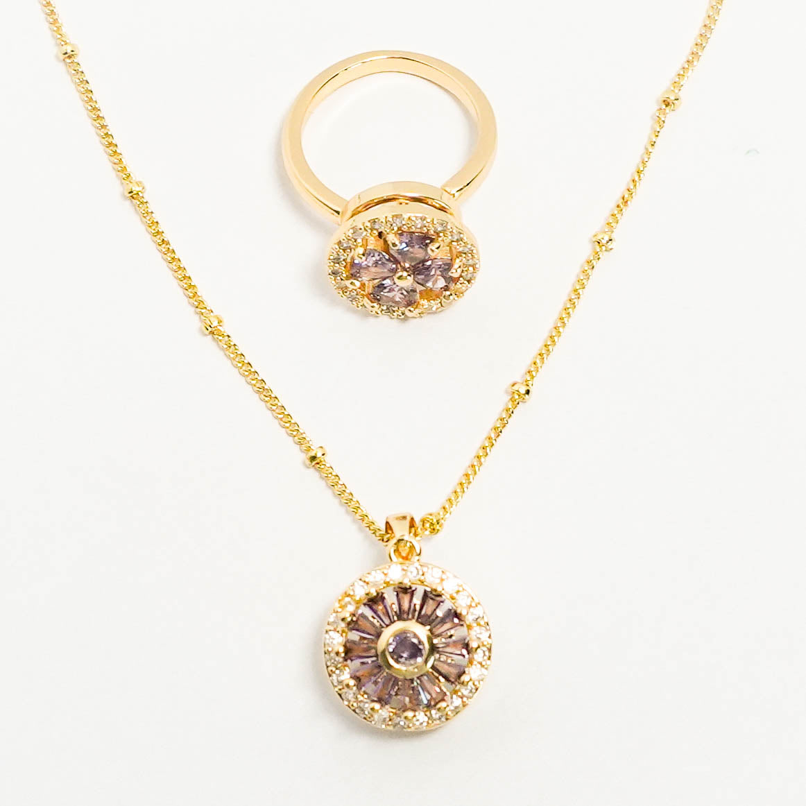 New 2025 Lucky Clover Calm Set – Purple Crystal Spinner Necklace, Ring & Bracelet｜Rotating Fidget Jewelry for Anxiety Relief｜Unisex Energy Gift Set