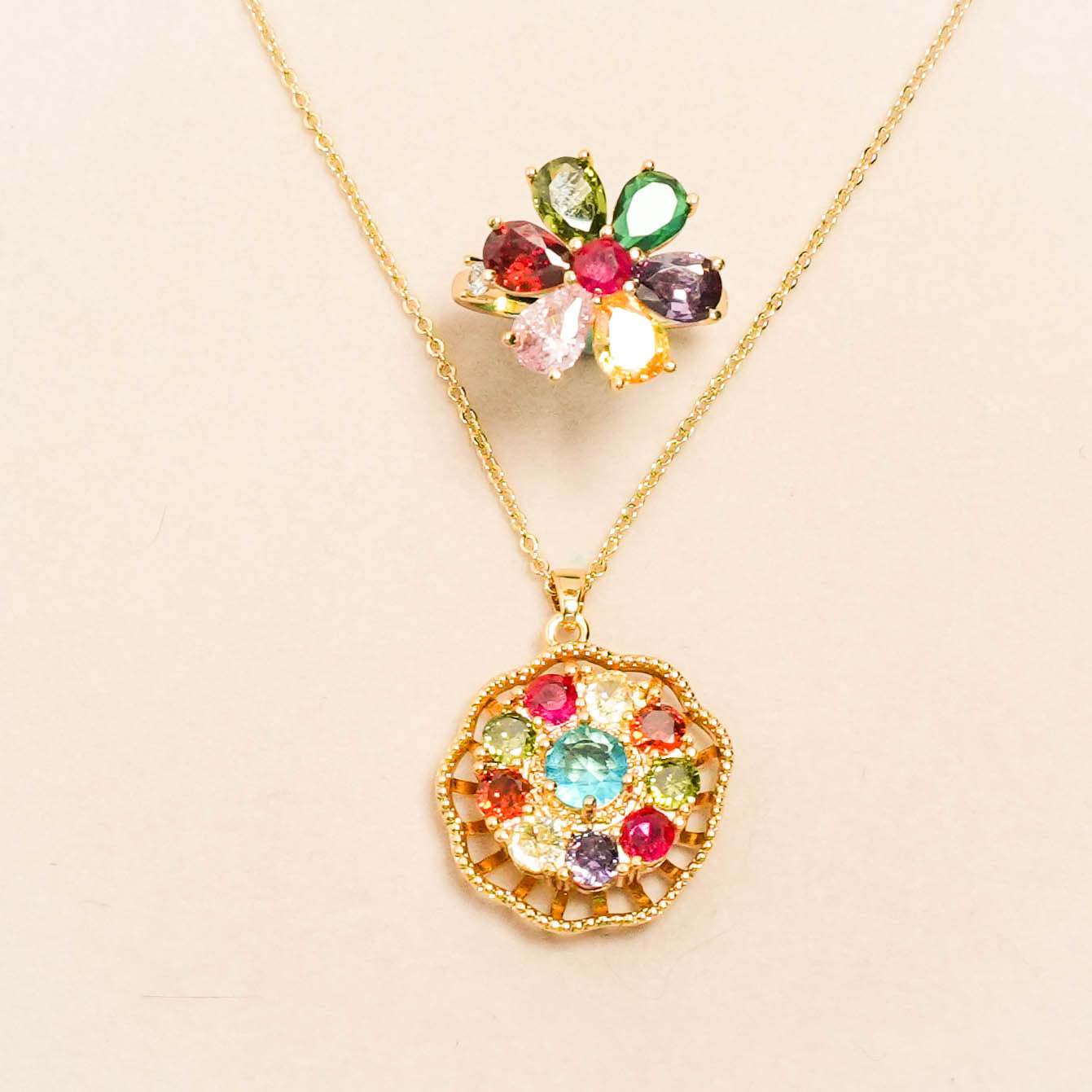 New 2025 Boho Luxe Spinner Jewelry Set – Colorful Zircon Pendant Necklace & Vintage Ruby Floral Ring｜Elegant Anti-Anxiety Fidget Accessories for Women